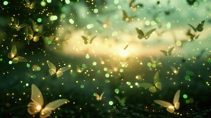 Many golden butterflies flutter through a misty, magical forest clearing with sun rays isolated on a dark background.