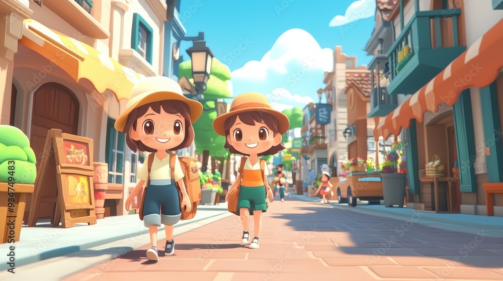 Poster urban fusion - 3d cityscape with 2d animated characters walking in realistic setting