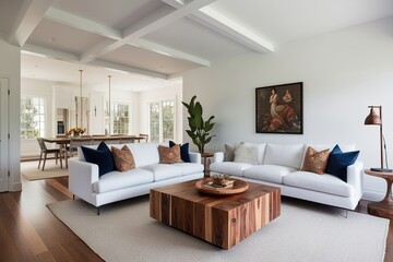 Spacious Open Plan Living Room with White Walls and Designer Wooden Table