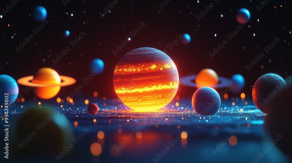 Aufkleber futuristic 3d space scene with 2d planets orbiting - stylish blend of depth and flat design