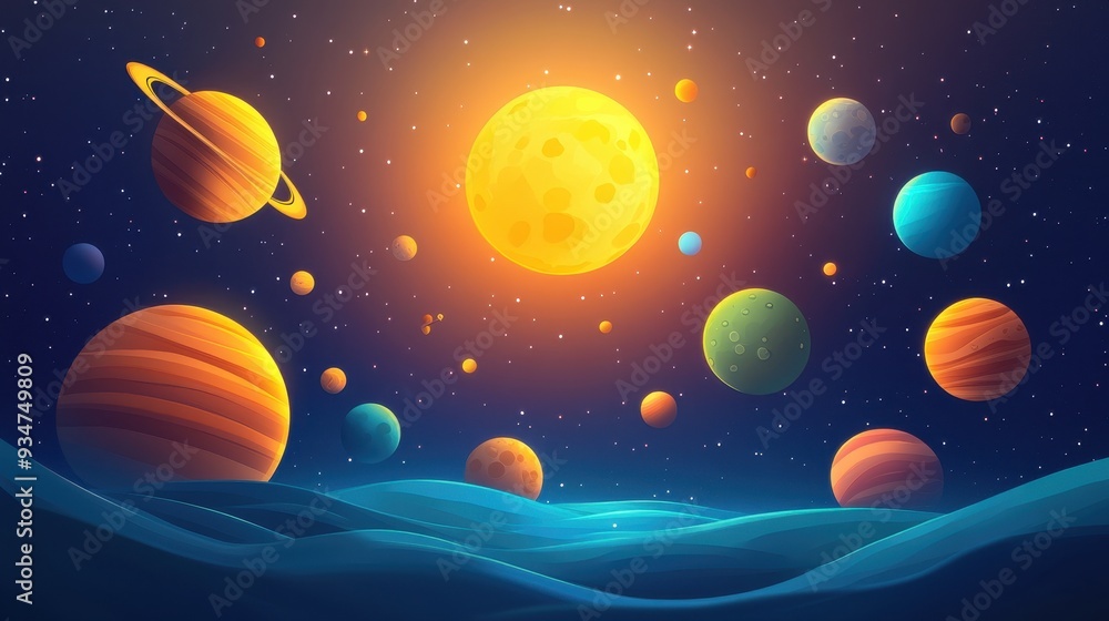 Poster futuristic 3d space scene with flat design planets orbiting background