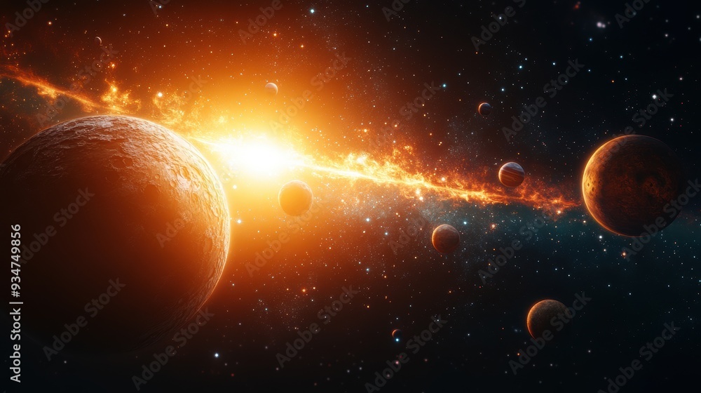 Poster futuristic 3d space scene with 2d planets orbiting, blending flat design and depth