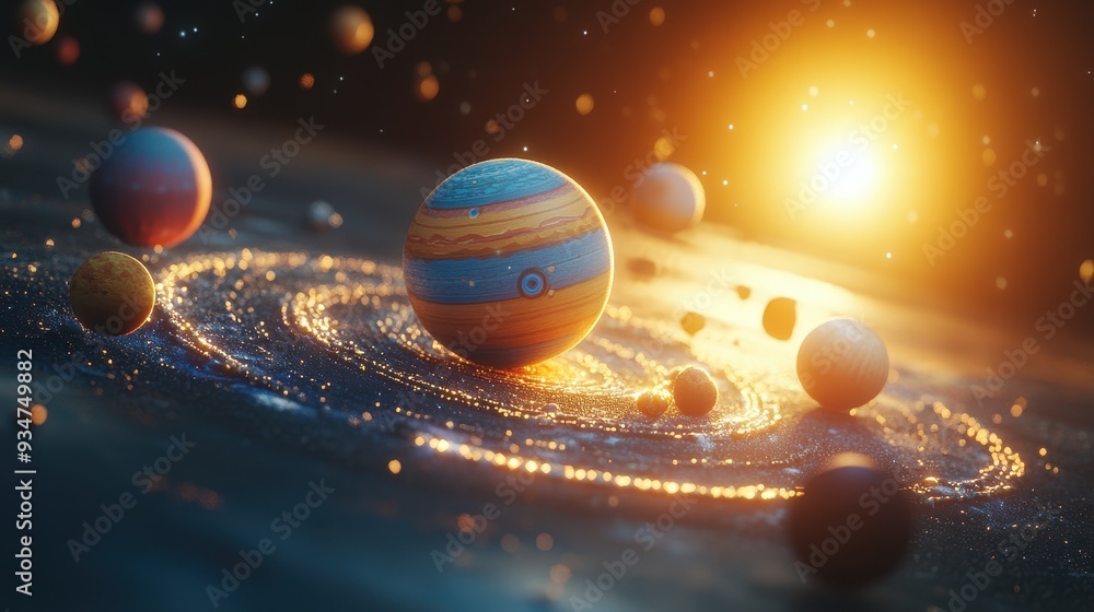 Poster futuristic 3d space scene with 2d planets in orbit, blending flat design and depth