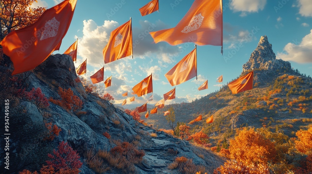 Poster majestic 3d mountain pass with fluttering 2d flags adding movement