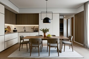 Minimalist Kitchen with Comfortable Dining Space and Smart Storage Solutions in Contemporary Apartment Design