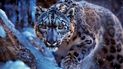 snow leopard prowls through a frozen landscape, its piercing eyes scanning the surroundings. This close-up captures the power and beauty of this elusive big cat in its natural habitat.