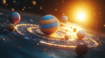 Naklejka premium Futuristic 3D Space Scene with 2D Planets in Orbit, Blending Flat Design and Depth