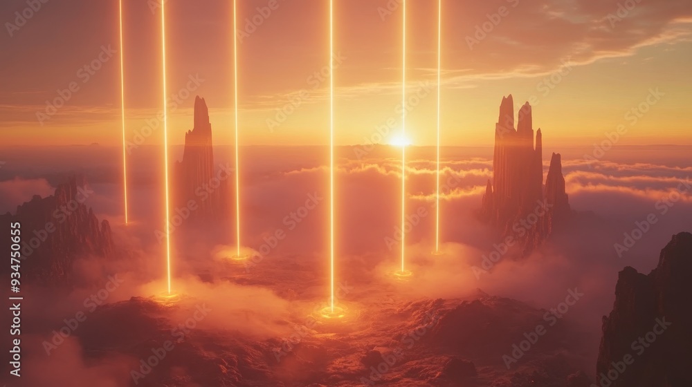 Wall mural futuristic 3d landscape with dynamic 2d light beams piercing fog