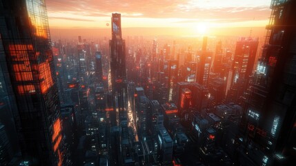 Obraz premium Futuristic Cityscape Fusion: 3D Skyscrapers with 2D Graffiti Blend Urban Grit and Modern Design Aesthetics