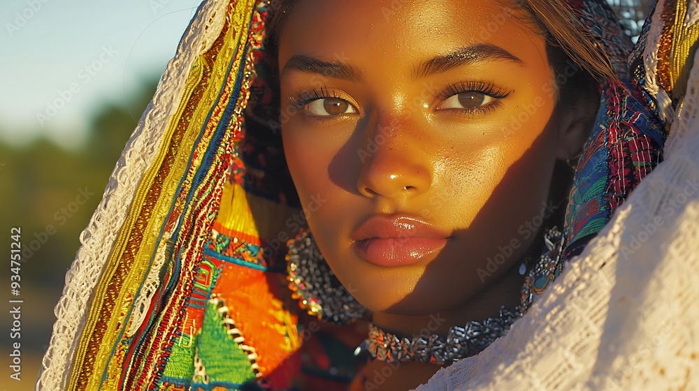 Canvas Prints Portrait of a Young Woman in Traditional Clothing with Golden Hour Lighting