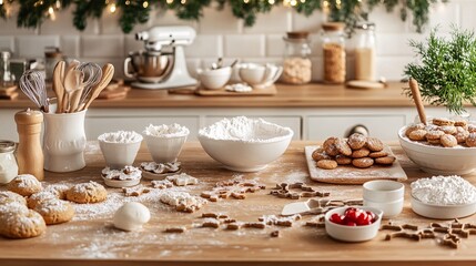 A festive kitchen counter filled with baking supplies cookie cutters and bowls of icing
