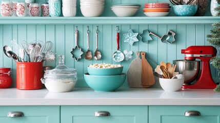 A festive kitchen counter filled with baking supplies cookie cutters and bowls of icing