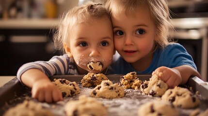 Children sneaking a taste of cookie dough while baking
