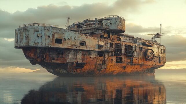 Serene Seascape: A Rustic Multi-Layered Vessel Poster, Perfect for Sports Interiors, Capturing Calm Waters and Warm Sunlight on a Derelict Ship's Unique Beauty