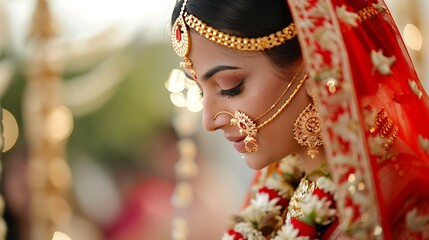 portrait of an Indian bride in a traditional red sari, adorned with intricate gold jewelry. She looks down with a gentle expression, reflecting the joy and beauty of the wedding ceremony.