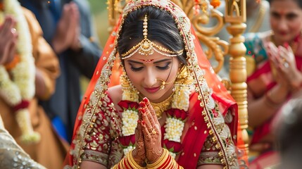 Beautiful bride in a traditional Indian wedding sari, adorned with intricate jewelry,  holds her hands in prayer during the ceremony.