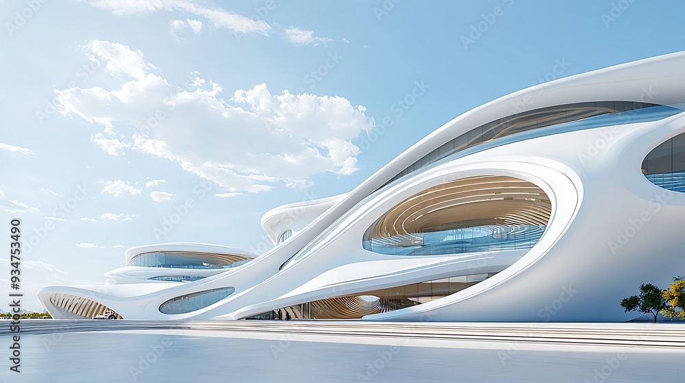 Poster futuristic white modern architecture building with curved design