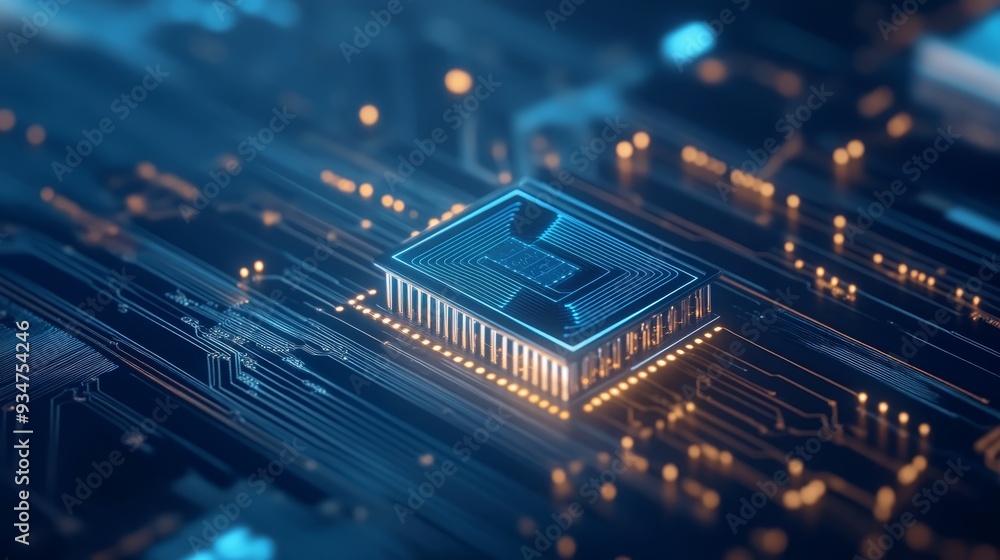 Poster closeup of a glowing processor chip on a circuit board