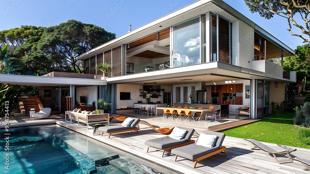 Poster modern home with a large pool and deck. the house has a minimalist design with large windows and sli