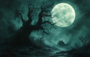 Fototapeta premium Hauntingly Serene Landscape: Twisted Trees and Spooky Castle Under Pale Moon