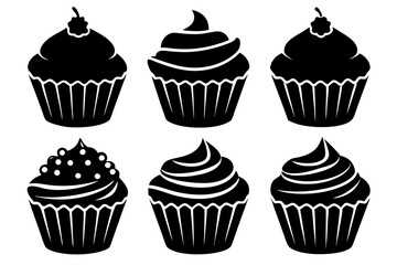 Set of black cupcakes icon, Collection of cupcake silhouette vector illustration