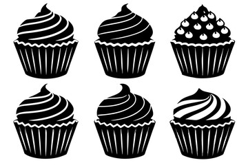 Set of black cupcakes icon, Collection of cupcake silhouette vector illustration
