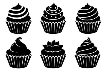 Set of black cupcakes icon, Collection of cupcake silhouette vector illustration