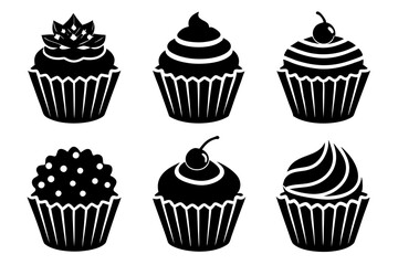 Set of black cupcakes icon, Collection of cupcake silhouette vector illustration