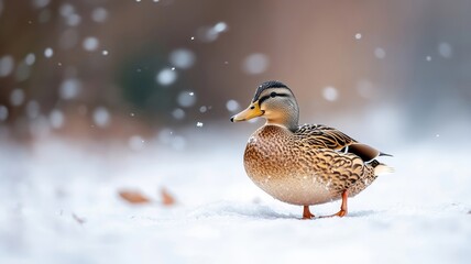 Unusual duck walking through a snowy landscape, with snowflakes falling on its feathers and the winter environment providing a rare contrast.