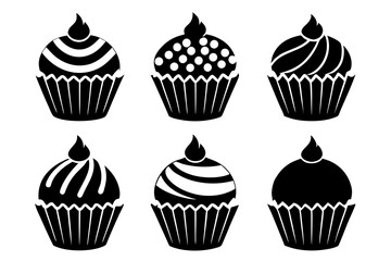 Set of black cupcakes icon, Collection of cupcake silhouette vector illustration