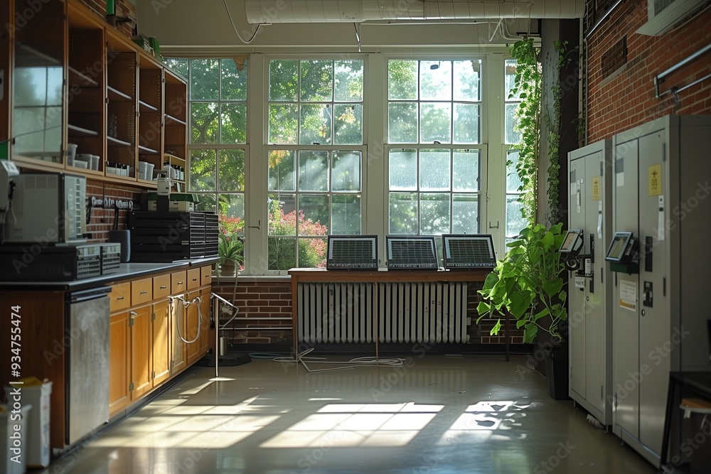 Poster bright and inviting classroom with large windows and lush greenery in a modern educational setting
