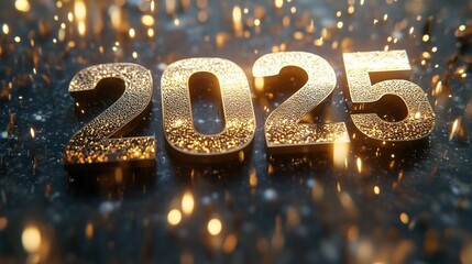 Happy New Year 2025, 3D metal texture numbers, holiday greetings on a sparkling golden background, embracing the future.