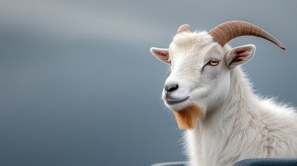 Obraz premium Goat posed against an isolated background, emphasizing sharp horns, textured fur, and confident stance in a simple, uncluttered setting.