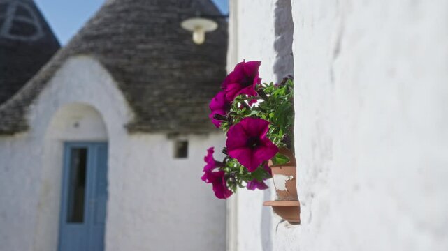 Vibrant purple petunias in a terra cotta planter adorn the white walls of a traditional trullo house in alberobello, puglia, italy on a sunny day.