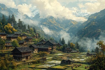 Picturesque landscape of a traditional mountain village surrounded by lush green forests and majestic snow capped peaks