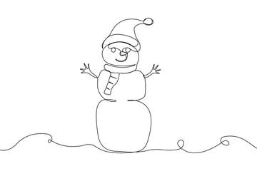 Hand-drawn happy snowman wearing hat and scarf line art. Vector illustration.