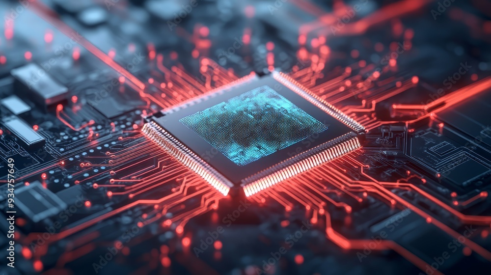 Poster computer chip circuit board with red lights