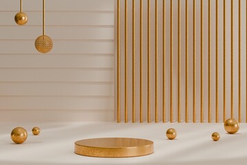 3D style podium of shiny gold coating for luxury beauty, cosmetic product display background. 3d illustration