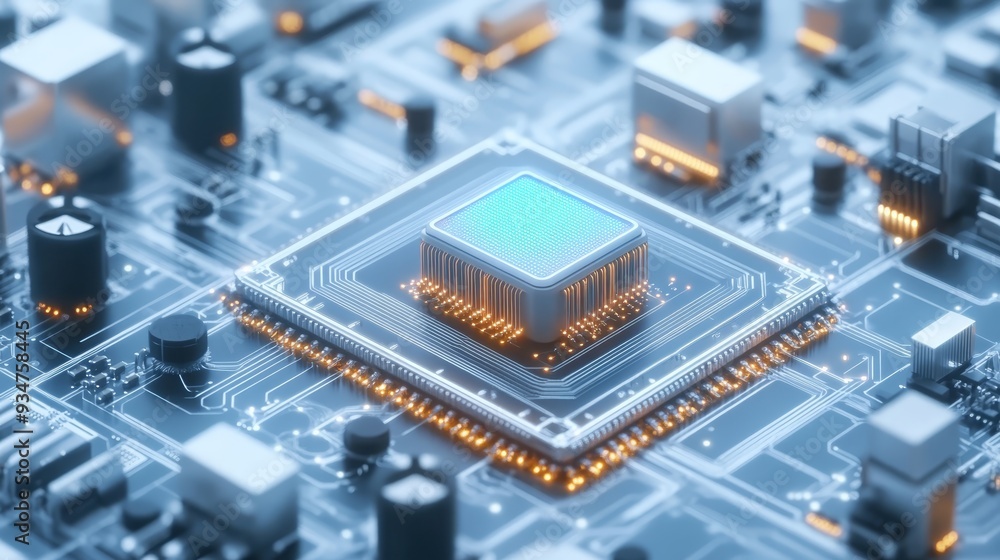 Aufkleber cpu processor on motherboard with circuit board and glowing connectors