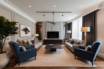 Stylish High Angle View of Living Room Interior Design Featuring Empty Table and Armchair