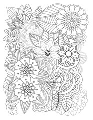 Floral picture in black and white for adult coloring books. Coloring page of monochrome flowers and leafs. Doodles pattern, Page for coloring book. Outline flowers. Doodles in black and white