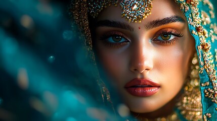 Beautiful Indian Woman in Traditional Sari with Jewelry