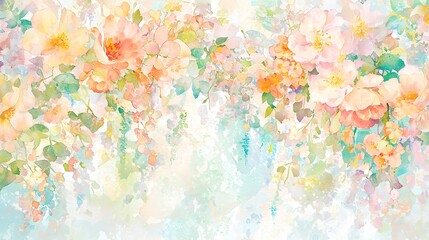Watercolor Painting of Delicate Pink and Peach Flowers with Green Leaves