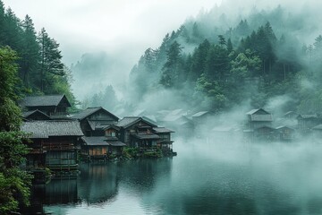 Naklejka premium Picturesque misty mountain village reflected in tranquil lake