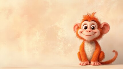 Fototapeta premium Cute Cartoon Monkey with Orange Fur Sitting on a Beige Background