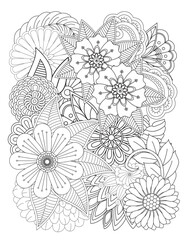 Fototapeta premium Floral picture in black and white for adult coloring books. Coloring page of monochrome flowers and leafs. Doodles pattern, Page for coloring book. Outline flowers. Doodles in black and white