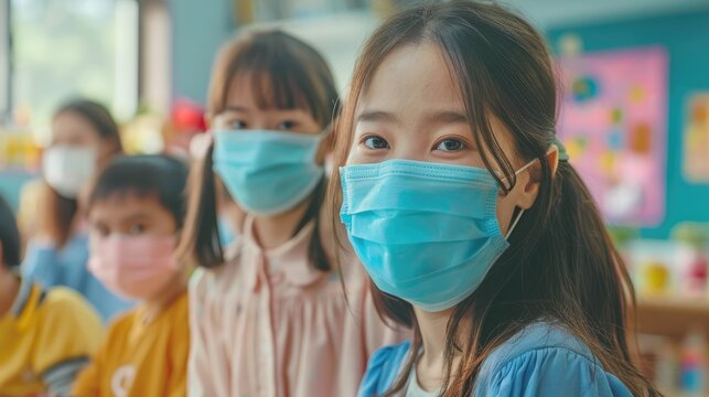 Female educator with a student in protective masks learning in a classroom during the pandemic, instructing a diverse group of learners in a global educational setting.