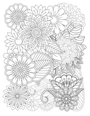 Floral picture in black and white for adult coloring books. Coloring page of monochrome flowers and leafs. Doodles pattern, Page for coloring book. Outline flowers. Doodles in black and white