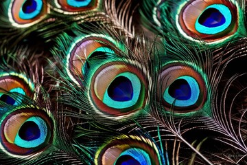 Fototapeta premium Stunning Close-Up of Peacock Feathers Highlighting Vibrant Colors and Majestic Patterns