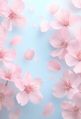 水色の背景に風に散る花びらが美しいピンクの桜